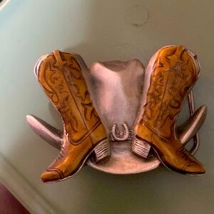 Great American 2 enamel brown boots and hat belt buckle 1995